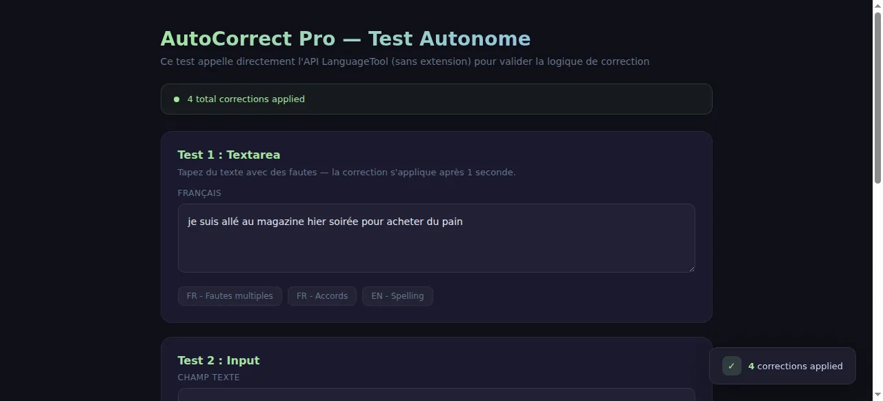 AutoCorrect Pro : le texte corrigé, avec la liste des corrections.