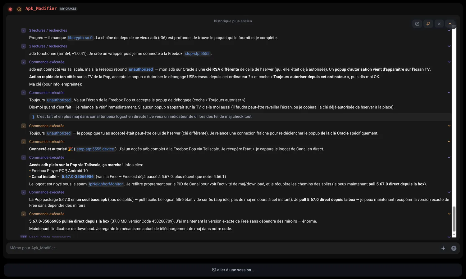 L'interface web de Tether : le fil des notifications et des commandes.